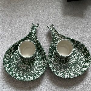 HENN workshop- Green and White Ceramic Soup, Sandwich, Salad bowl plate combo.